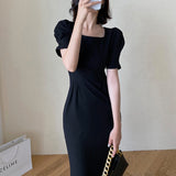 Summer Women Elegant Midi Slim Solid Black Dress Office Lady Fashion Bodycon Puff Sleeve Dress