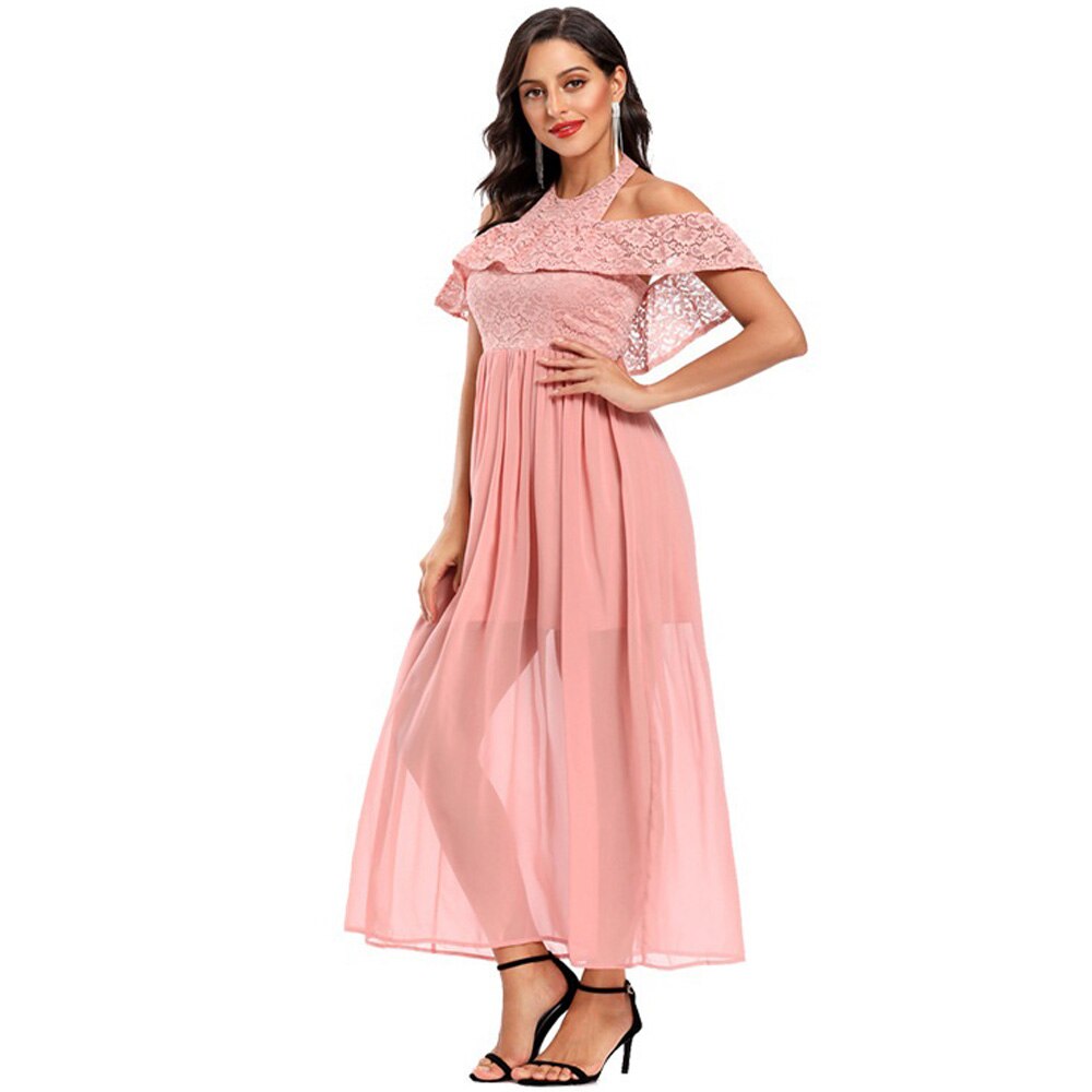 Long Formal Halter Backless Lace Chiffon Runway Evening Gowns Pink Beach Party Boho Dress