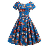 Floral Print 50S 60S Vintage Swing Pin Up Elegant Summer Casual High Waist Pleated Midi Dress