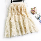 Korean High Waist Feather Chiffon Women A-Line Sweet Kawaii Chic Skirt