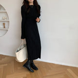 Spring Women Elegant Midi Slim Solid Black Pleated Dress Office Lady Fashion Bodycon Long Sleeve Dress