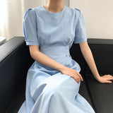 Short Sleeve Dresses Women Sexy Solid Casual A-line Square Collar High Waist Elegant Korean Style Vintage Chic Office Sundress