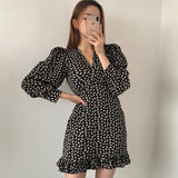 Women Dresses Spring Summer 2021 Sexy V Neck Floral Print  Mini Vintage Dress