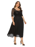 O Neck Half Sleeve Lace Evening Dress Plus Size 6XL A Line Chiffon Party Dresses Sexy Cut-Out Black Navy Tea-Length Vestioes