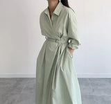 2021 Spring Autumn Elegant Women Midi Shirt Dress With Belt Long Sleeve Casual Loose Office Lady Work Clothes Vestidos