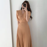High Quality New Women Summer Clothes Elegant V-Neck Slim Office Lady Casual A-Line Bandge Pleated Dress Vestidos