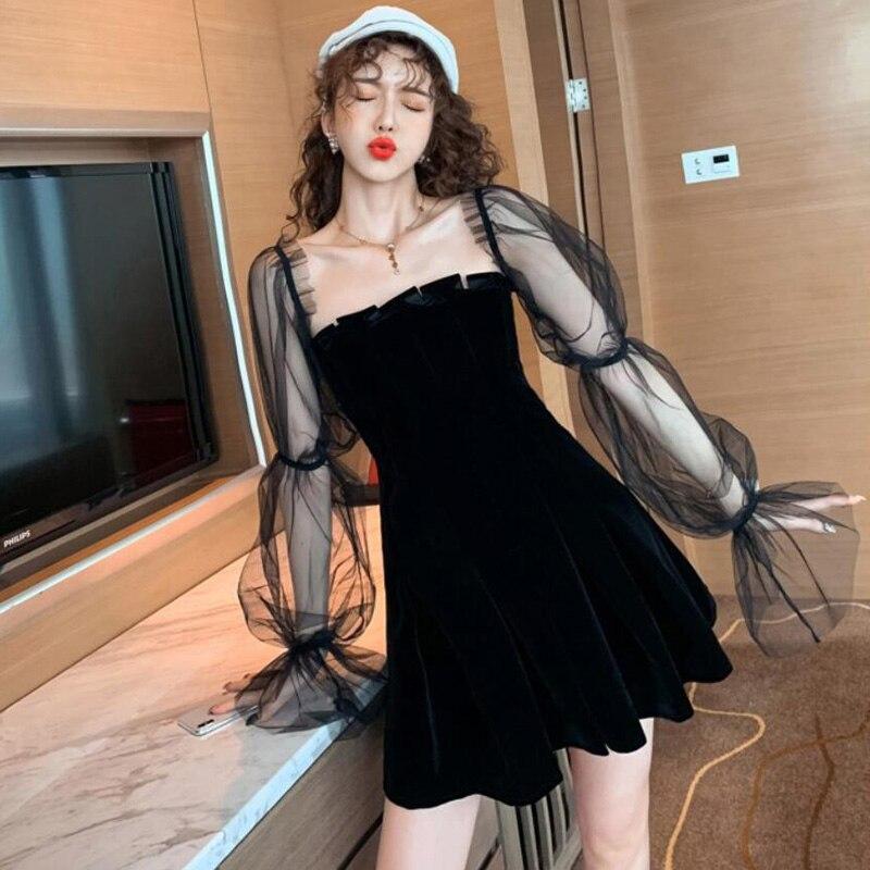 Gothic Women Black Dress Long sleeve Vintage Elegant Office Lady Date Night Dresses A-Line Cool Girls Female Vestidos
