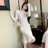 Winter Thick Women Knitted Knee-Length Dress Buttons Long Sleeve Slim Waist Female Sweater Mermaid Dress