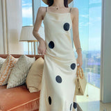 New Women Summer Satin Dot Print Dress Camisole Maxi Sundress Korean Fashion Dress