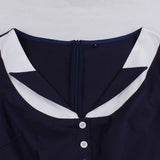 Navy Blue Contrast Collar Button Rockabilly Robe Swing High Waist Elegant Dress