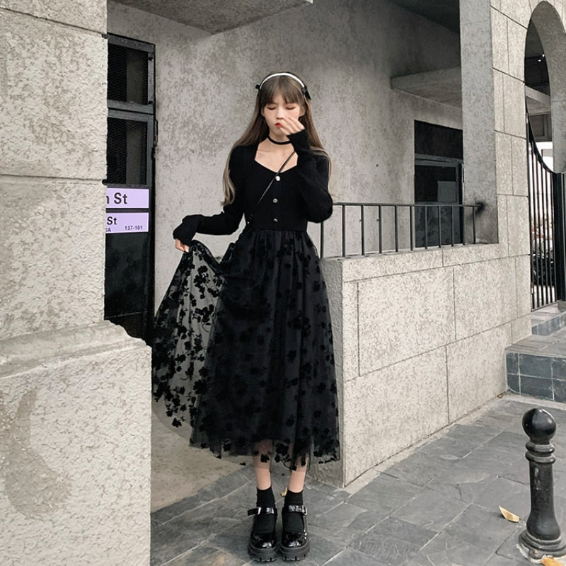 Gothic Black Dress Women Party One Piece Dress Korean Pure Collor Slim Y2k Midi Dress Retro Elegant 2021 Winter Long Sleeve Chic