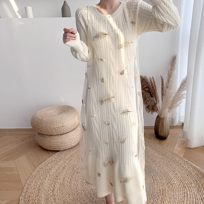 Winter Autumn Korean Chic Slim Knit Sweater Dress Women Knitted Mesh Spaghetti Strap Dress Female Long Sleeve Vestidos