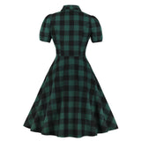 Green Black Plaid Vintage 50s 60s Retro Women Cotton Short Sleeve Robe Pin Up Swing Casual Dress