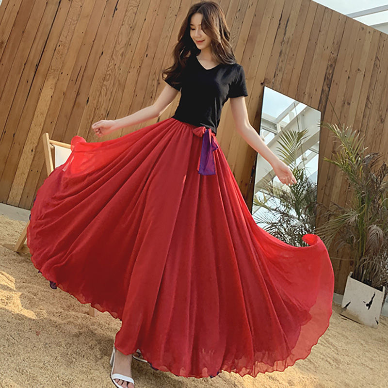 Dance Chiffon Long Women Elegant Casual High Waist Boho Beach Maxi Skirts Wear On Both Sides