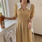 Summer Women French Elegant Turn Down Collar Puff Sleeve Dress Casual Patchwork Vestidos