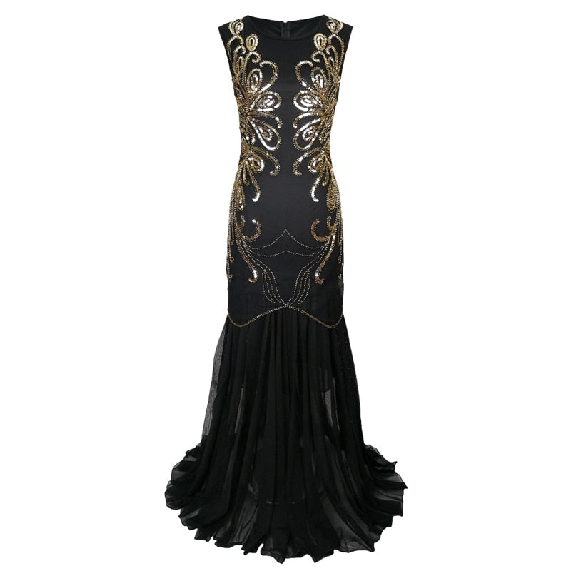Vintage 1920s Great Gatsby Flapper Party Formal Dress Sexy O-Neck Sleeveless Beaded Sequin Mesh Mermaid Dress