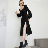 Black Retro Split Dress Women Elegant Midi Designer Dress Female Long Sleeve Hepburn Style Chiffon Vintage Dress