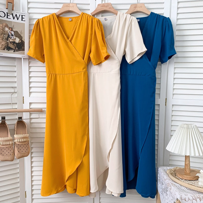 Elegant Wrap Woman V Neck Short Sleeve Solid Color Casual Belted Midi Dress