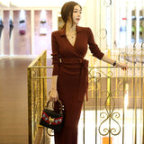 Autumn Women Korean Fashion Lace Up Knitted Dress V-neck Slim Bodycon Split Long Sweater Dress