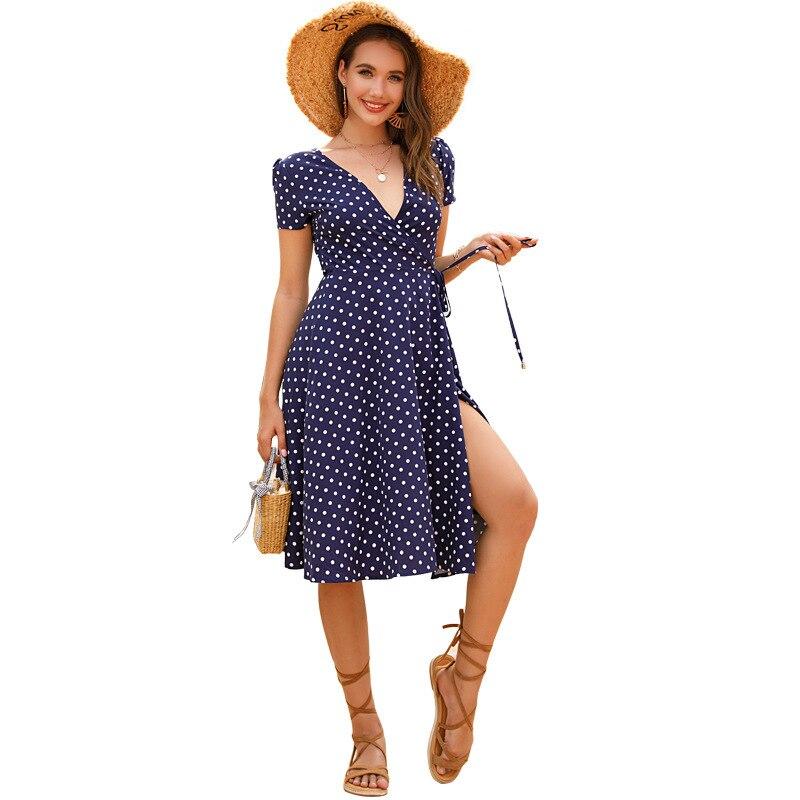 2021 Summer Women Casual Bohemian Dress Polka Dot Printed Short Sleeve V Neck Office OL High Split Retro Vintage Beach Dresses