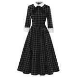 Black And White Plaid Vintage Cotton Bow Knot Robe Pin Up Swing Midi Elegant Office Dresses