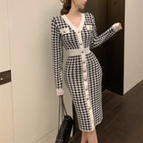 New Women Spring Autumn Dresses Elegant Lady Vintage Knitting Fashionable Buttons Checkered Long Dresses