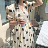 Womens Summer Fashion Midi Short Sleeve V-Neck Ladies Polka Dot  Split Female Beach Holiday Dress  Vestidos