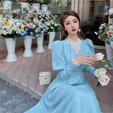 Solid Elegant Dress Women Winter Patchwork Lace Party Midi Dress Female Casual French Style Sweet Kawaii Korean Dress