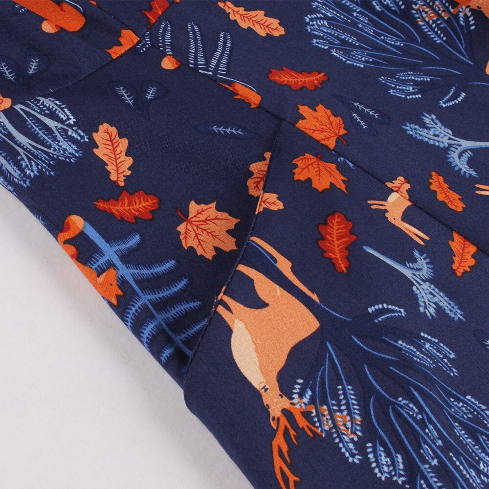 Blue Vintage Summer Short Sleeve Peter Pan Collar Tree Leaf Animal Print Robe Pin Up Swing Casual Dresses