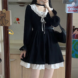 Autumn Black Lolita Dress Women Patchwork Elegant Vintage Party Mini Dress Female Casual Bow High Waist Korean Kawaii Dress