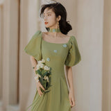 Summer Green Patchwork Retro Dress Women Solid Elegant Pary Midi Dress Female High Waist Designer Korean One-piece Dress 2021