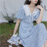 2021 Summer Sweet Elegant Dress Women Holiday Outing High Waist Blue Floral Casual Dress Female Puff Sleeve Fairy Midi Sundress