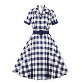 1950s Plaid Print Vintage Cotton Short Sleeve Button Tunic Robe Pin Up Swing Retro Casual Dress
