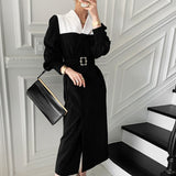 Autumn Women Patchwork Dress Long Sleeve Double Breasted Belted Female Suit Dress Ladies Vestidos