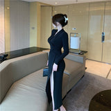 Women Sexy Black V-neck Party Dress OL Style Long Sleeve Female Slim Mid-length Workwear Split Dress Vestidos