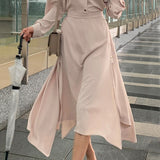 Women Spring Summer Front Button Midi Shirt Dress Solid Sashes Long Sleeve Casual Belt Waist  Office Lady Sundress