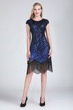 1920s Vintage Flapper Party Art Deco Great Gatsby Dress Shiny O-Neck Cap Sleeve Sequin Bead Fringe Embellished Dress