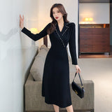 Women Elegant Notched Collar Sweater Suit Dress Long Sleeve Slim Waist Female A-Line Knitting Dress 2021 OL Vestidos