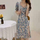 Summer Floral Dress Women French Style Puff Sleeve Chiffon Split Dress Oversize Korean Print Dress