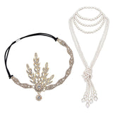 Great Gatsby Accessories Set for Women 1920s Flapper Pearl Necklace Headband Leaf Headpiece Party Costume Jewelry