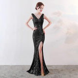 See-through V-neck Sequins Party Dress Sexy Long Evening Dresses