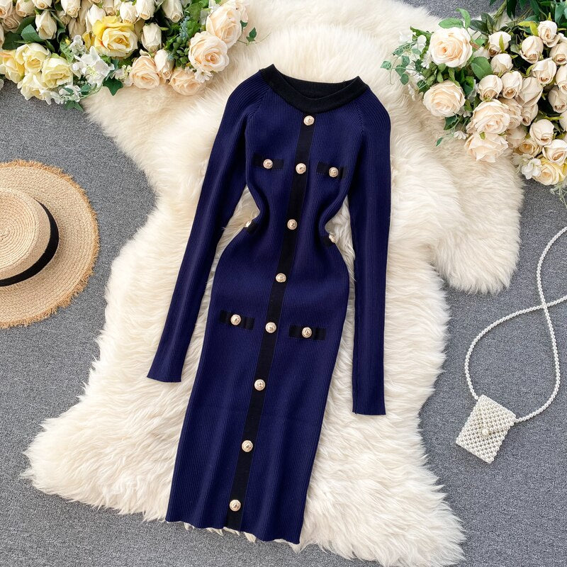 Office Lady Knitted Sexy Mini Bodycon Dress Contrast Color Trim Buttons Long Sleeve Winter Sweater Dress