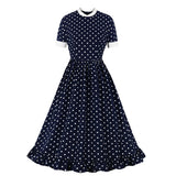Navy Blue Polka Dot Short Sleeve Patchwork Robe Pin Up Swing Ruffle Hem Retro Vintage Dresses