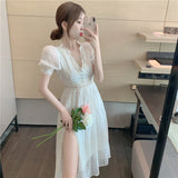 Women Summer Lace Vintage Dresses Chic Short Puff Sleeve Elegant V-Neck Slim Party Midi Spilted Dress