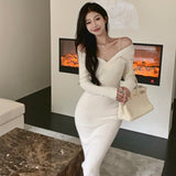 Winter Elegant Knitted Dress Women Solid Sexy Bodycon Party Midi Dress Female Casual Korean Fashion One Piece Sweater Dress 2021