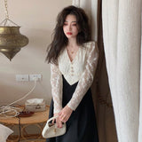 Patchwork Lace Elegant Dress Women Autumn High Waist Vintage Party Midi Dress Female Casual Long Sleeve Sweet Fairy Dress