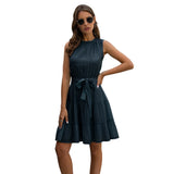 Ladies Sexy Summer Casual Slim Sleeveless Backless Sashes O-neck A-Line Midi Dress