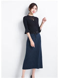 Women Elastic High Waist Elegant A-Line Thick Knit Solid Skirts Outwear