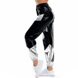 Women Reflective Long Pants with Pockets High Waist Loose Holographic Patchwork Trousers Club Dance Jogger Clubwear