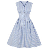 Blue Plaid Button V Neck High Waist Robe Pin Up Swing Flare Holiday Party Casual Dresses